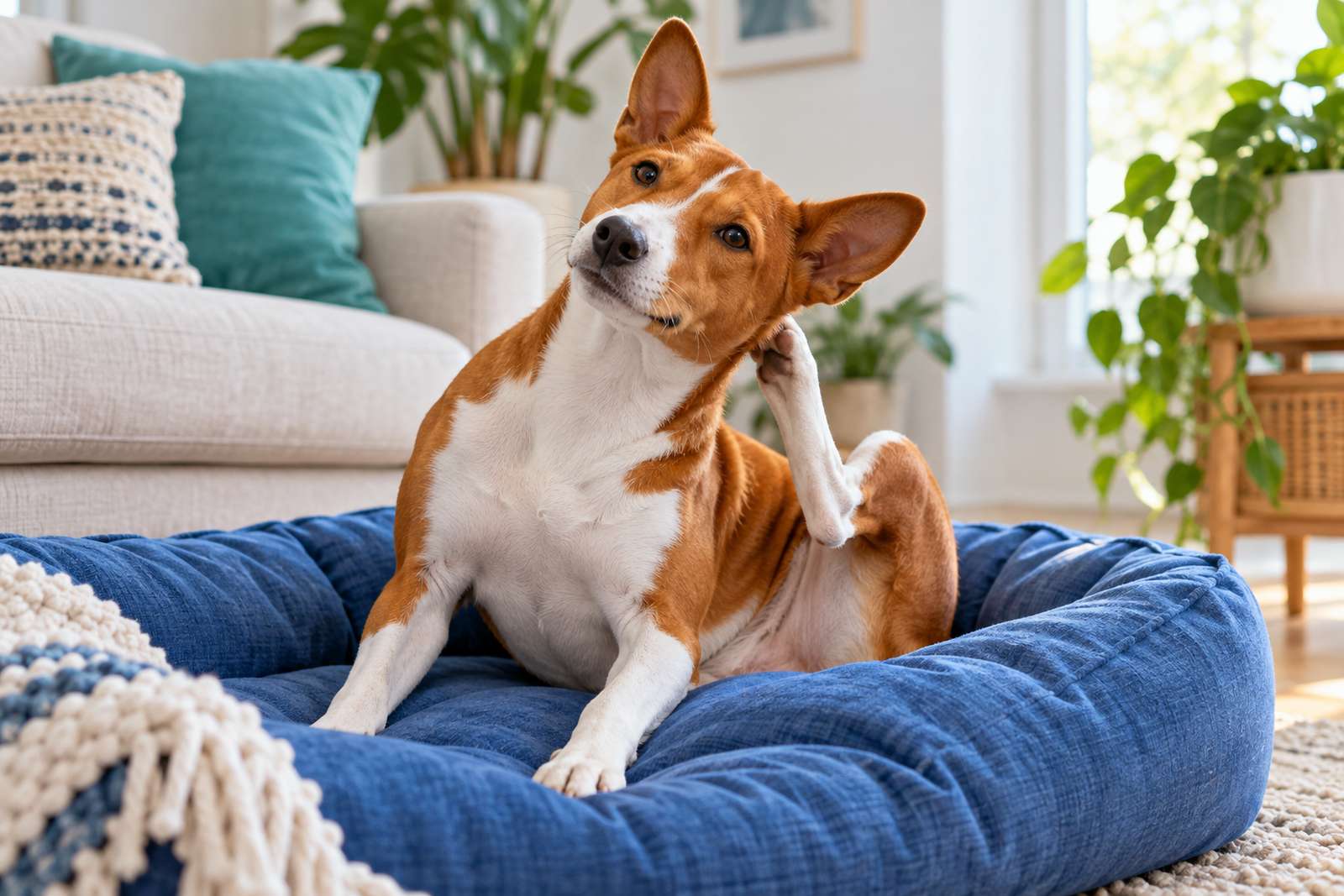 A tan and white dog sitting up in a blue pet bed, scratching behind its ear with a hind paw