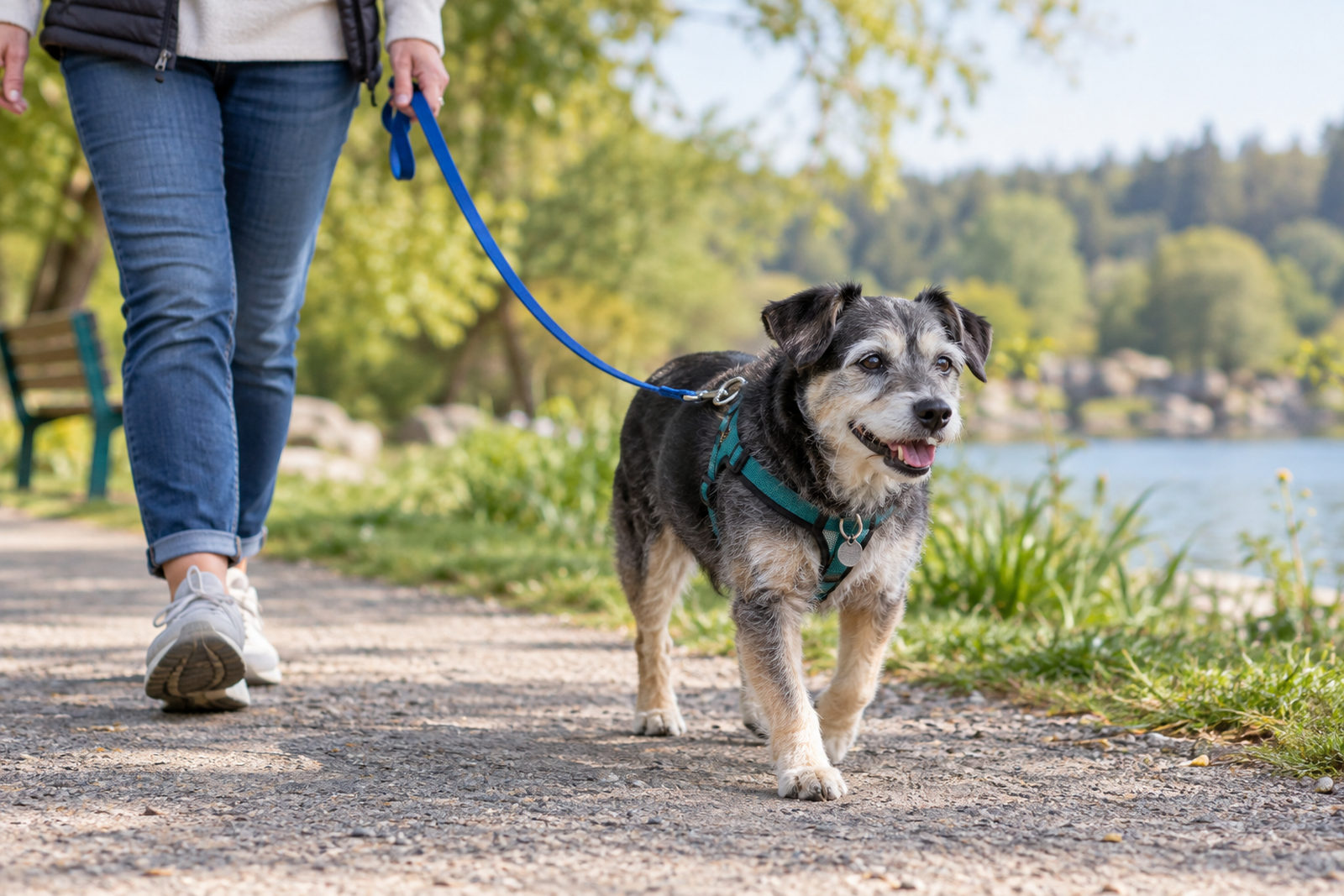 A grey-muzzled terrier walking on a lakeside path on a lead beside its owner