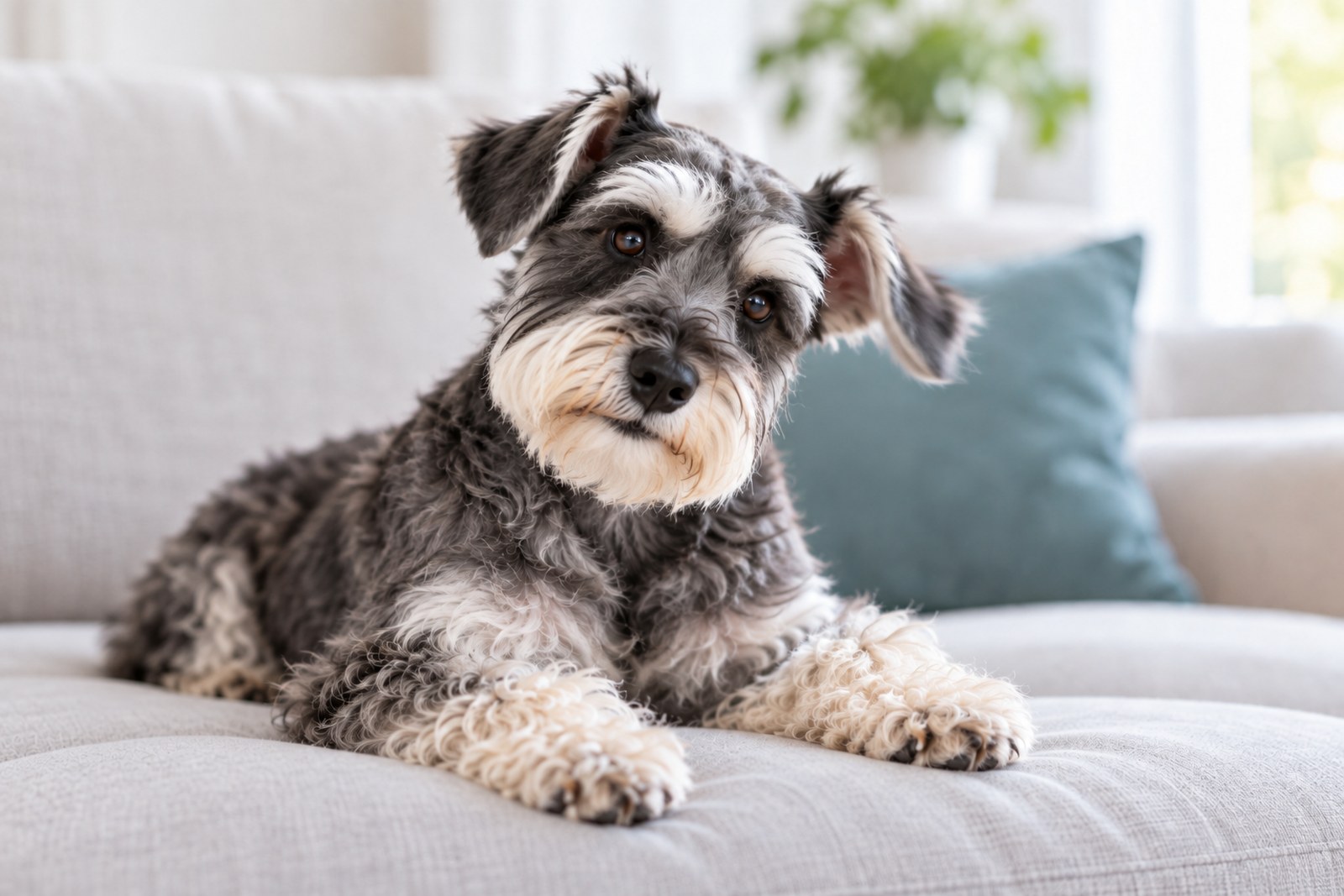 A schnauzer lying on a sofa at home with its head tilted to one side