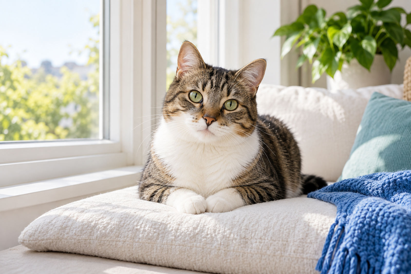 A tabby cat resting on a cushion by a window, looking towards the camera