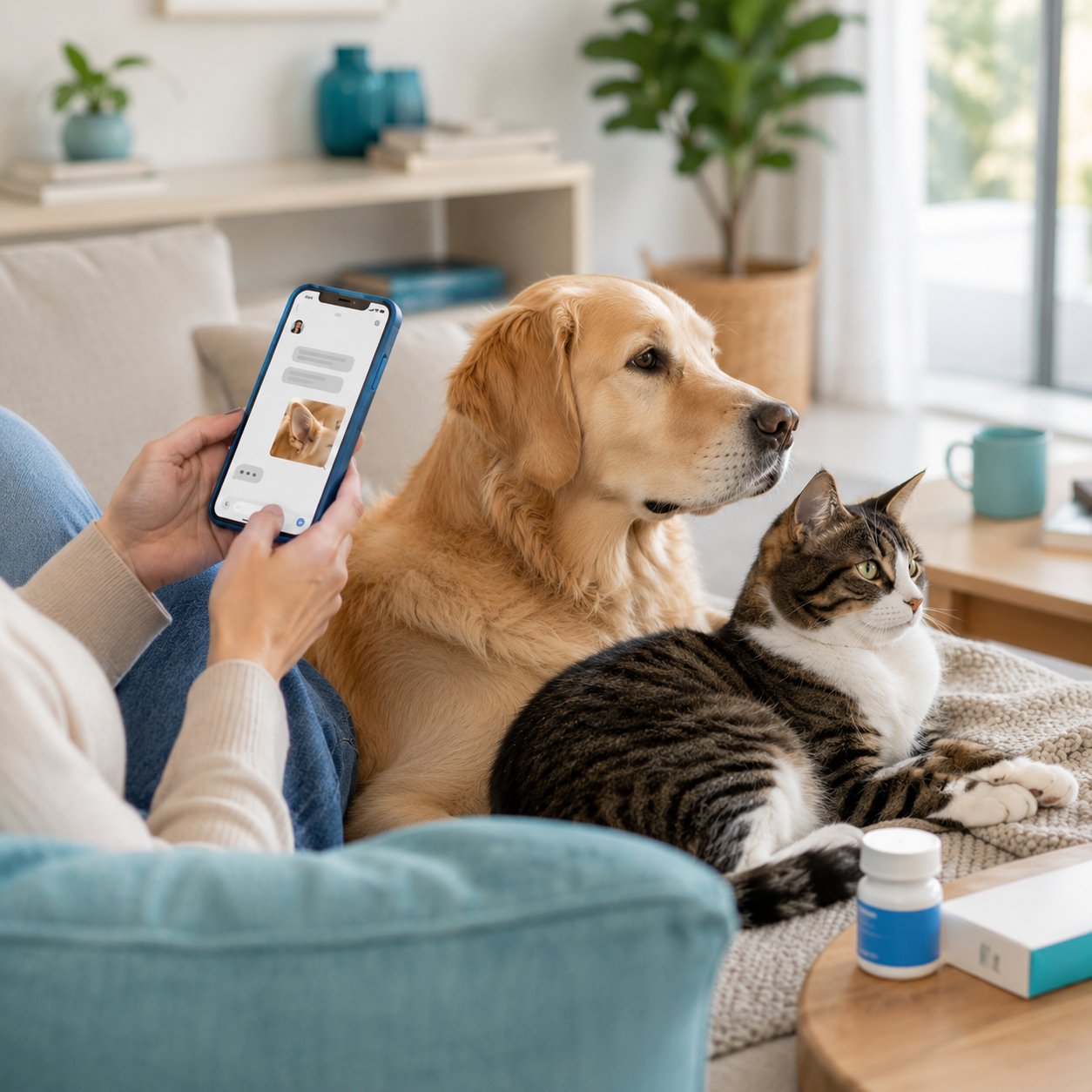 A pet parent at home with their dog during an online vet visit