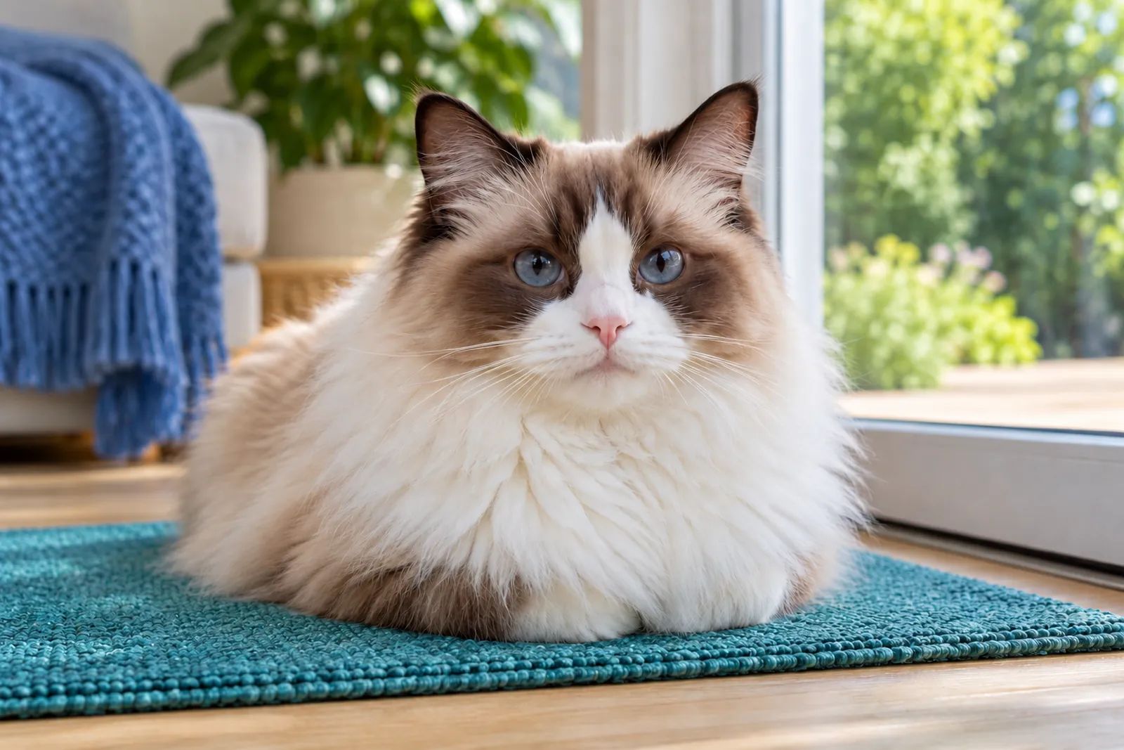 A ragdoll lying on a mat by an open patio door