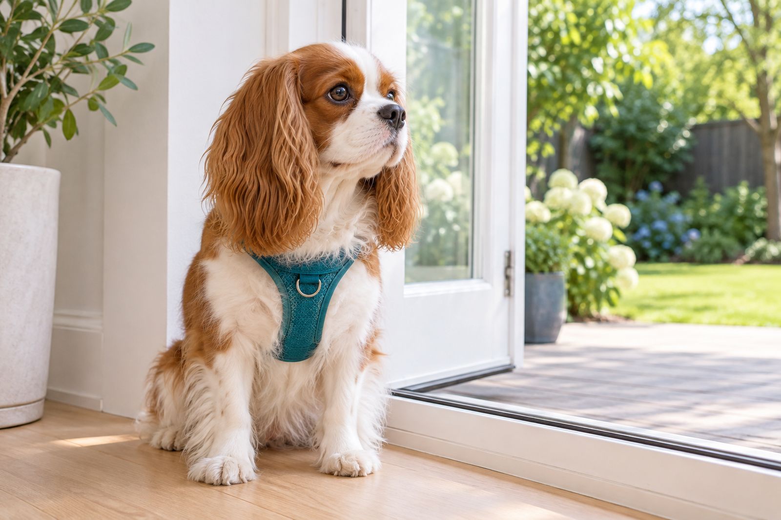 A Cavalier King Charles spaniel in a harness by an open patio door