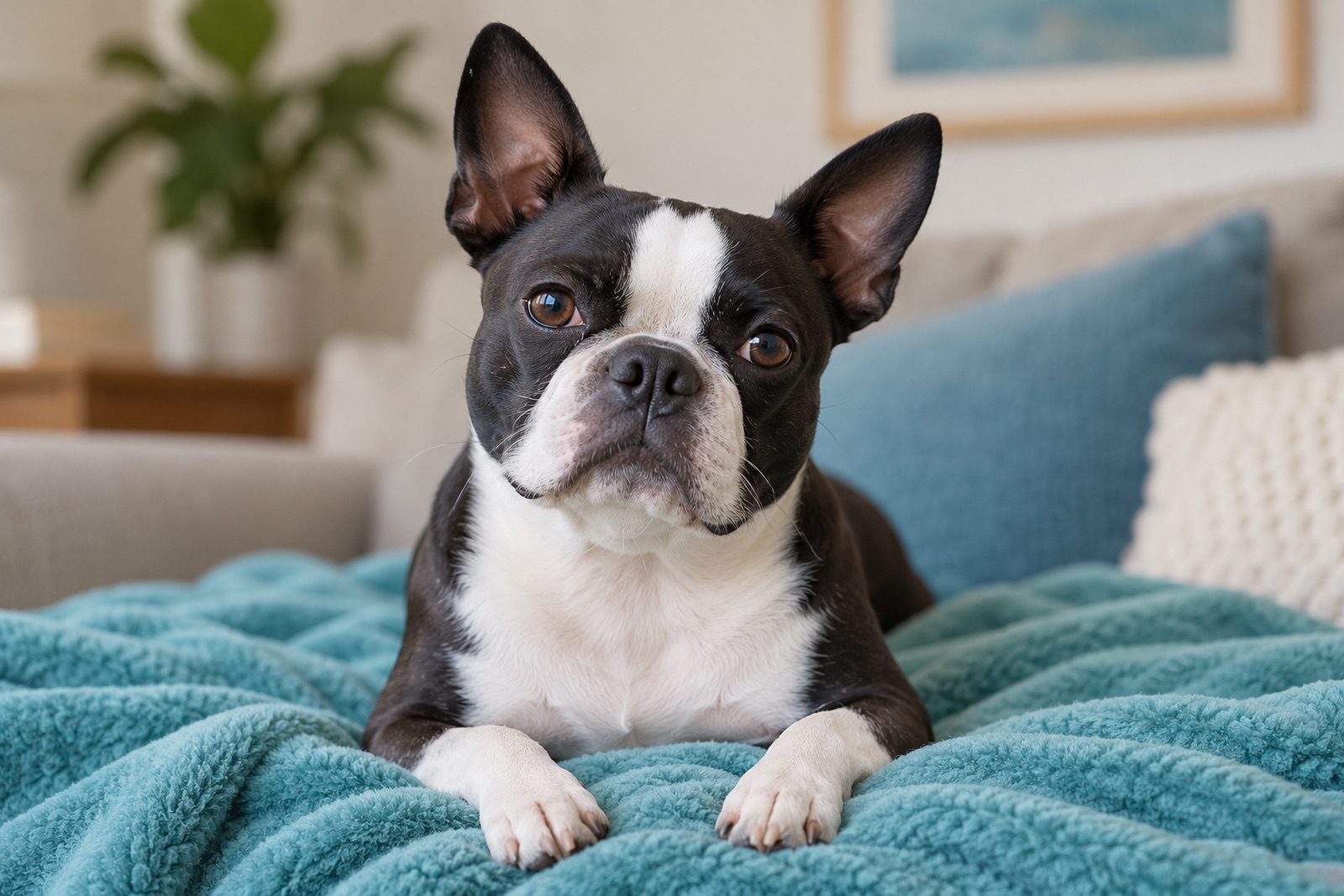 A Boston terrier resting on a teal blanket