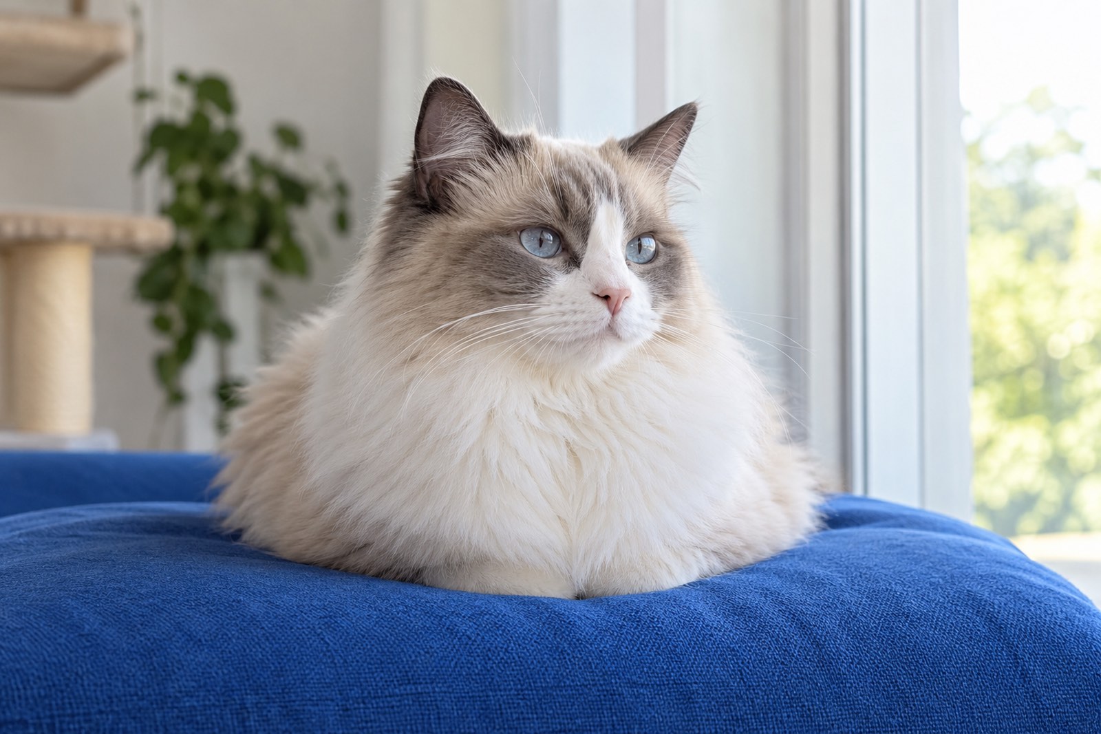 A ragdoll resting on a blue cushion by a window
