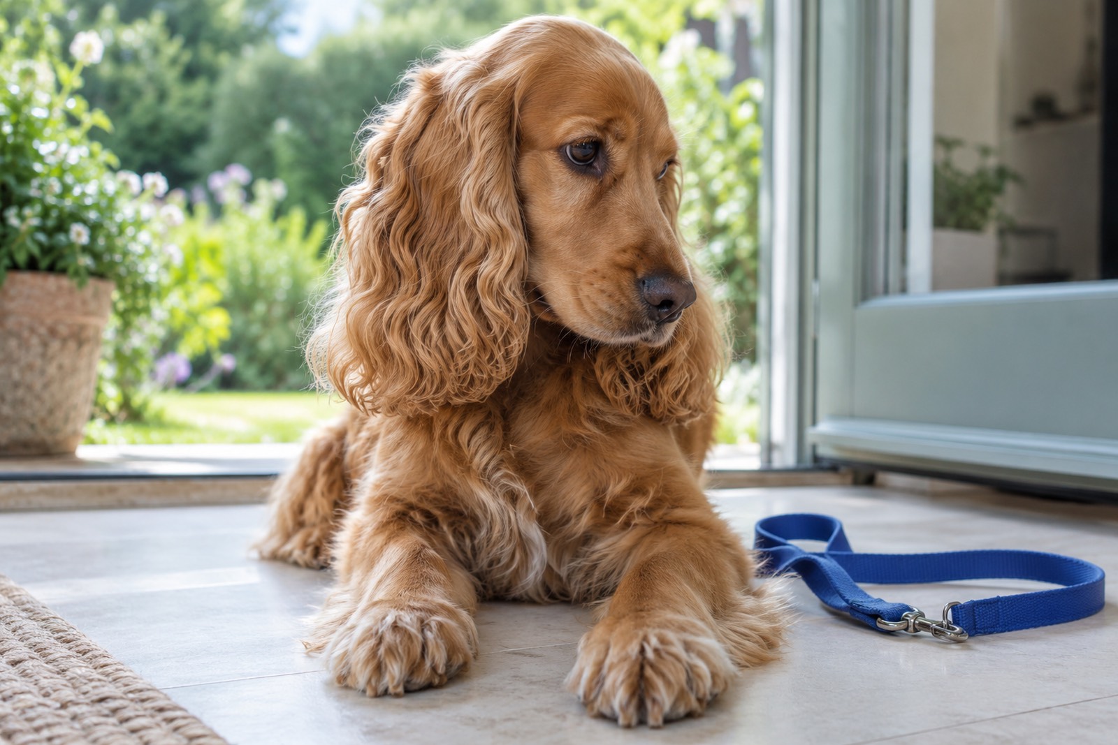A cocker spaniel lying by an open patio door
