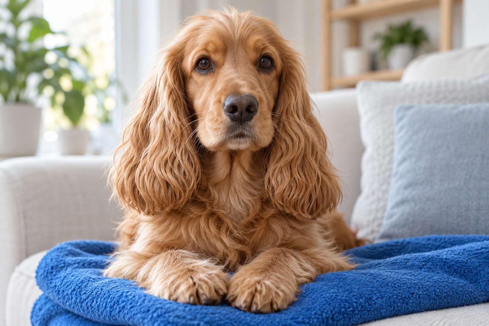 A golden cocker spaniel lying on a blue blanket on a sofa