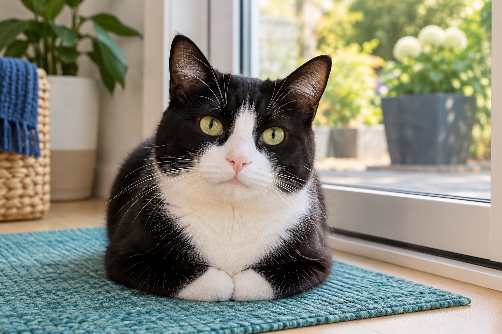 A tuxedo lying on a mat by an open patio door