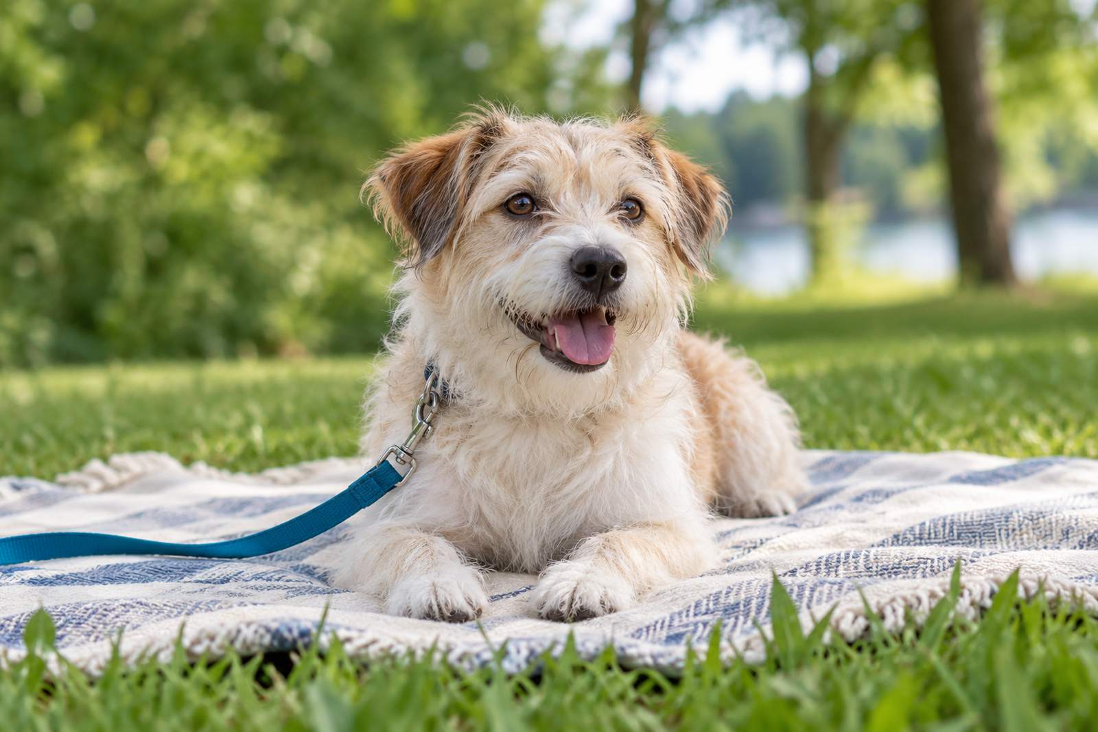 A terrier mix lying on a blanket in a park