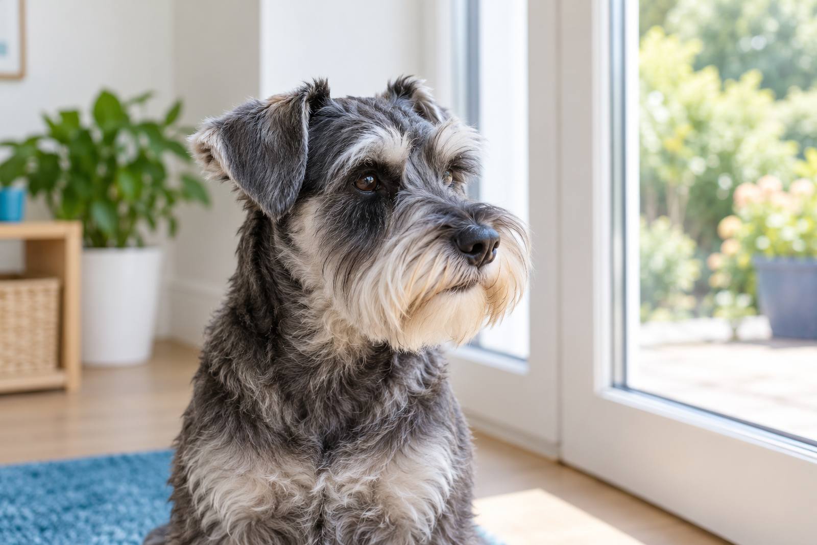 A miniature schnauzer sitting on a blue rug by a patio door