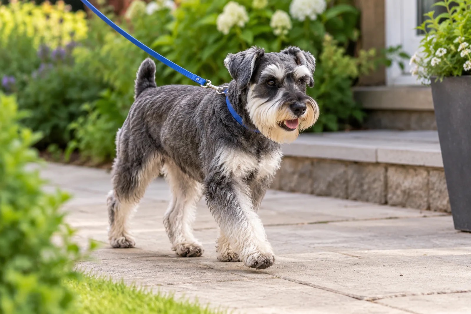 A miniature schnauzer on a leash walking along a garden path