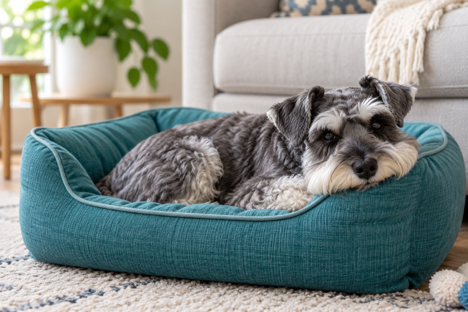 A miniature schnauzer resting in a teal pet bed