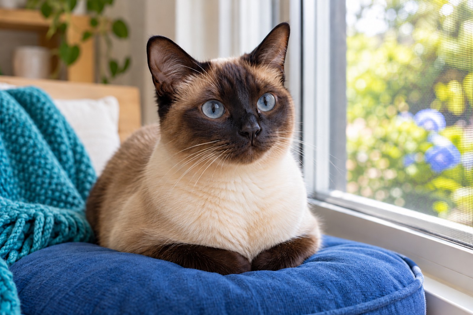 A Siamese resting on a cushion by a window