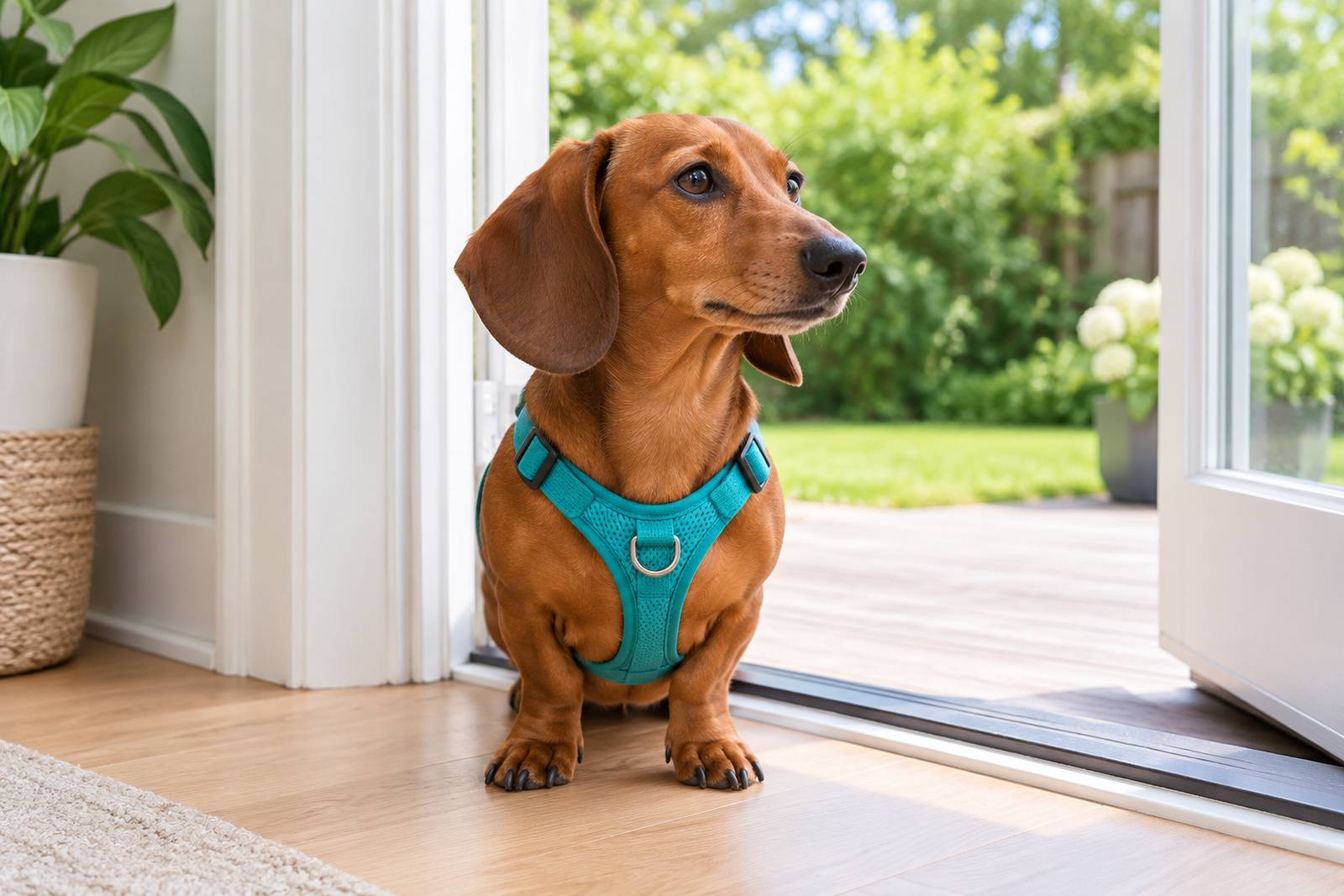 A dachshund in a harness by an open patio door