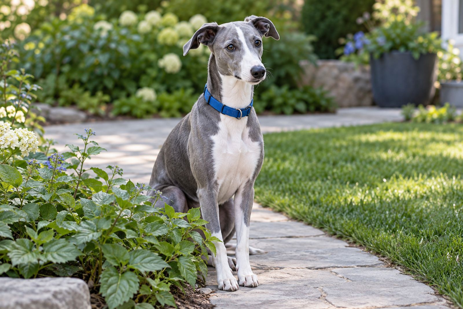 A whippet with a blue collar sitting on a garden path