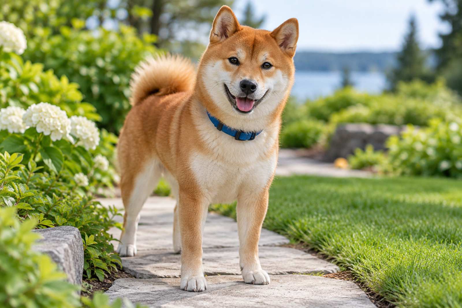 A Shiba Inu standing on a garden path