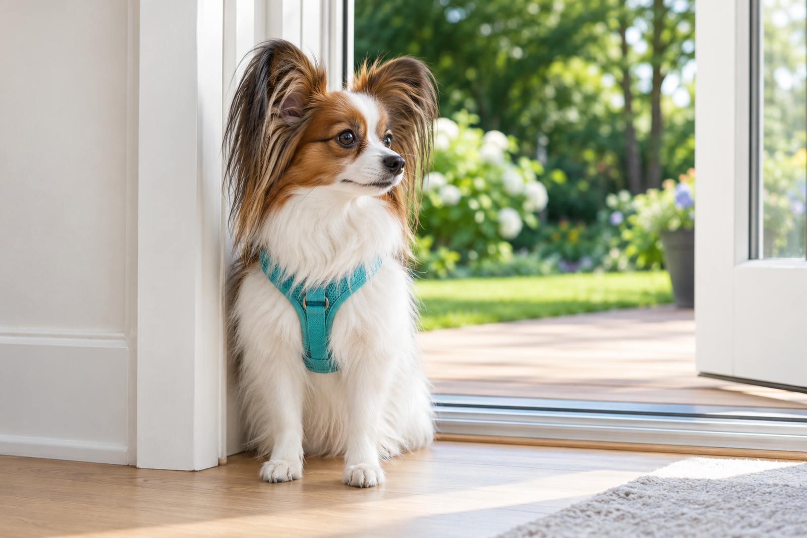 A papillon in a harness by an open patio door
