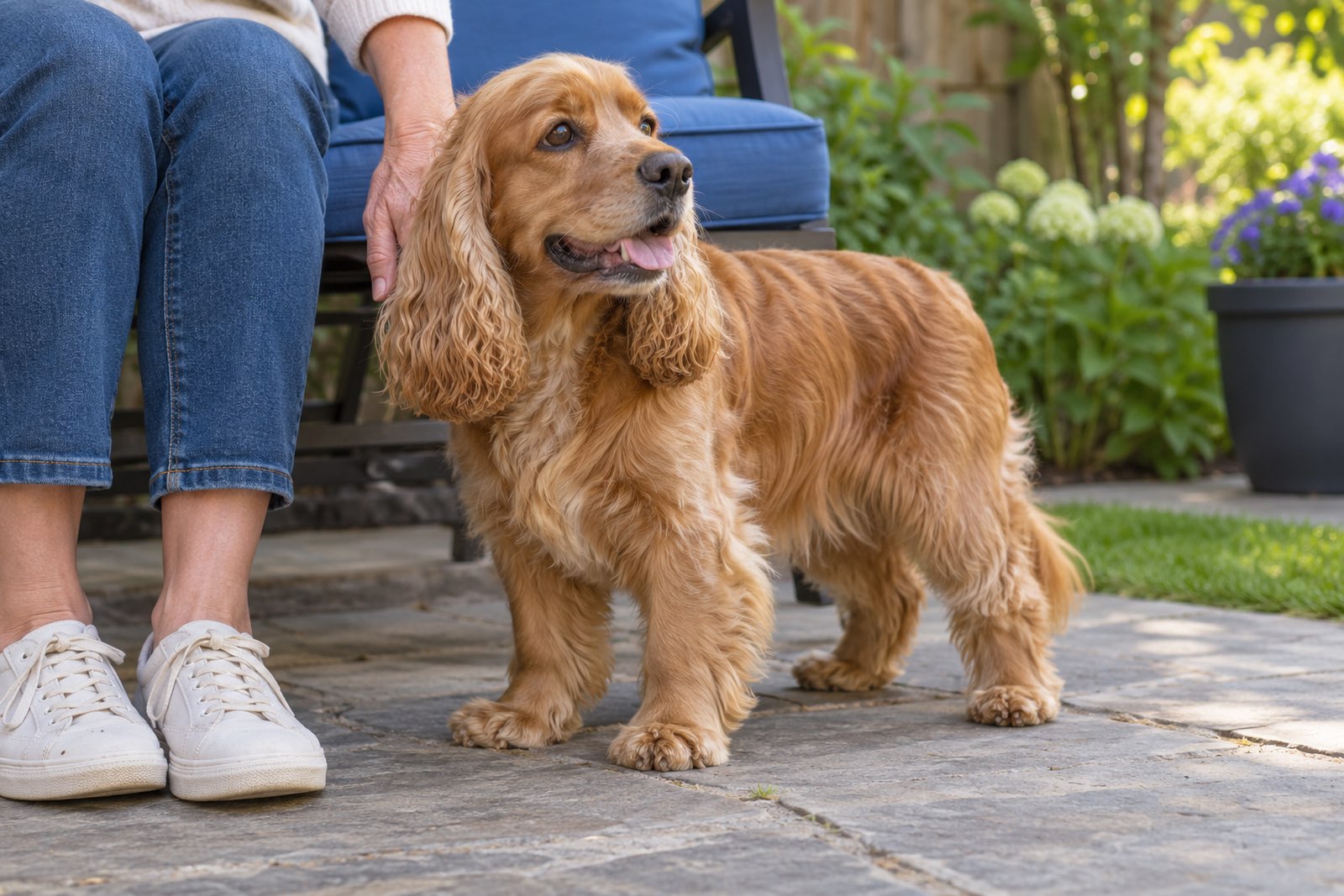 A golden cocker spaniel on a patio beside its owner's chair
