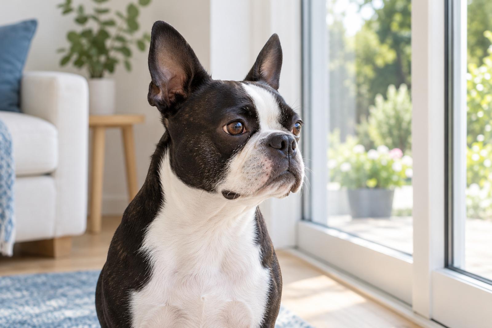 A Boston terrier sitting on a rug by a patio door