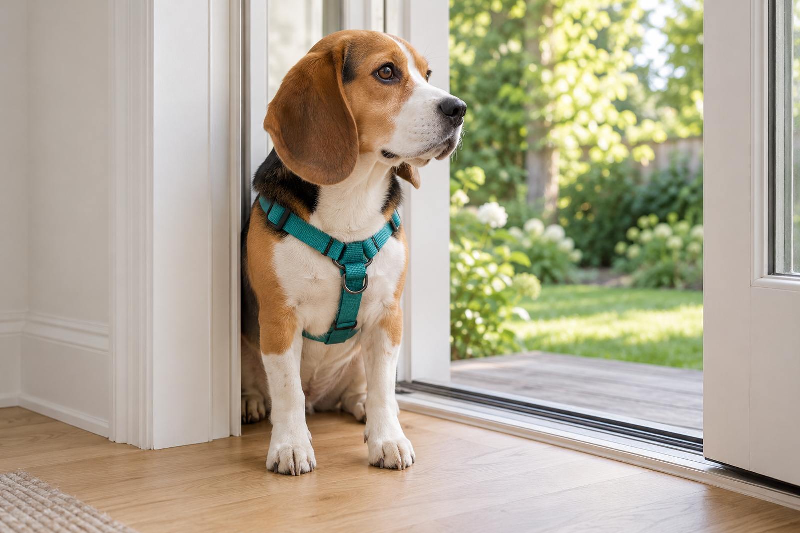 A beagle in a harness by an open patio door
