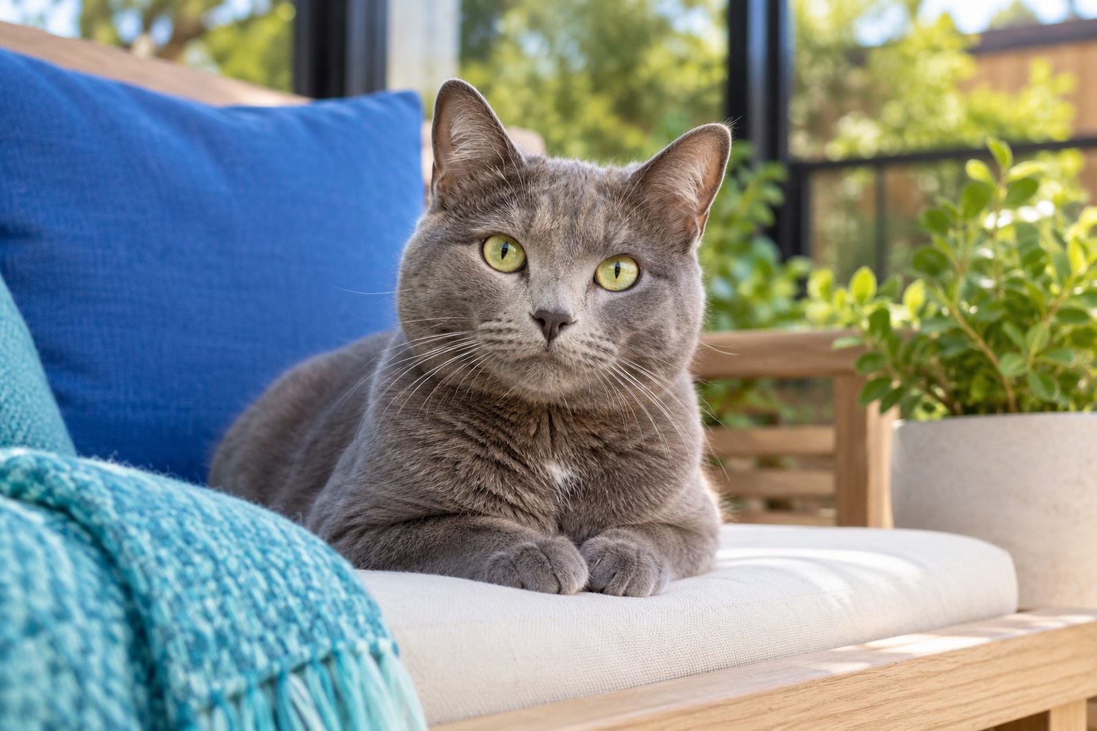 A grey shorthair resting on a cushioned bench on a patio