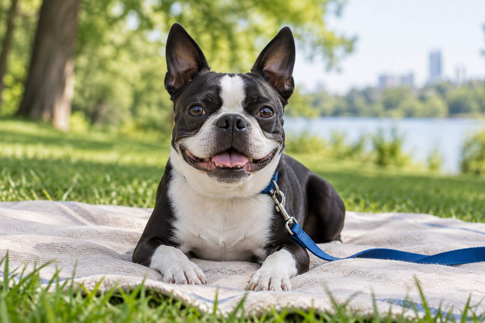 A Boston terrier lying on a blanket in a park