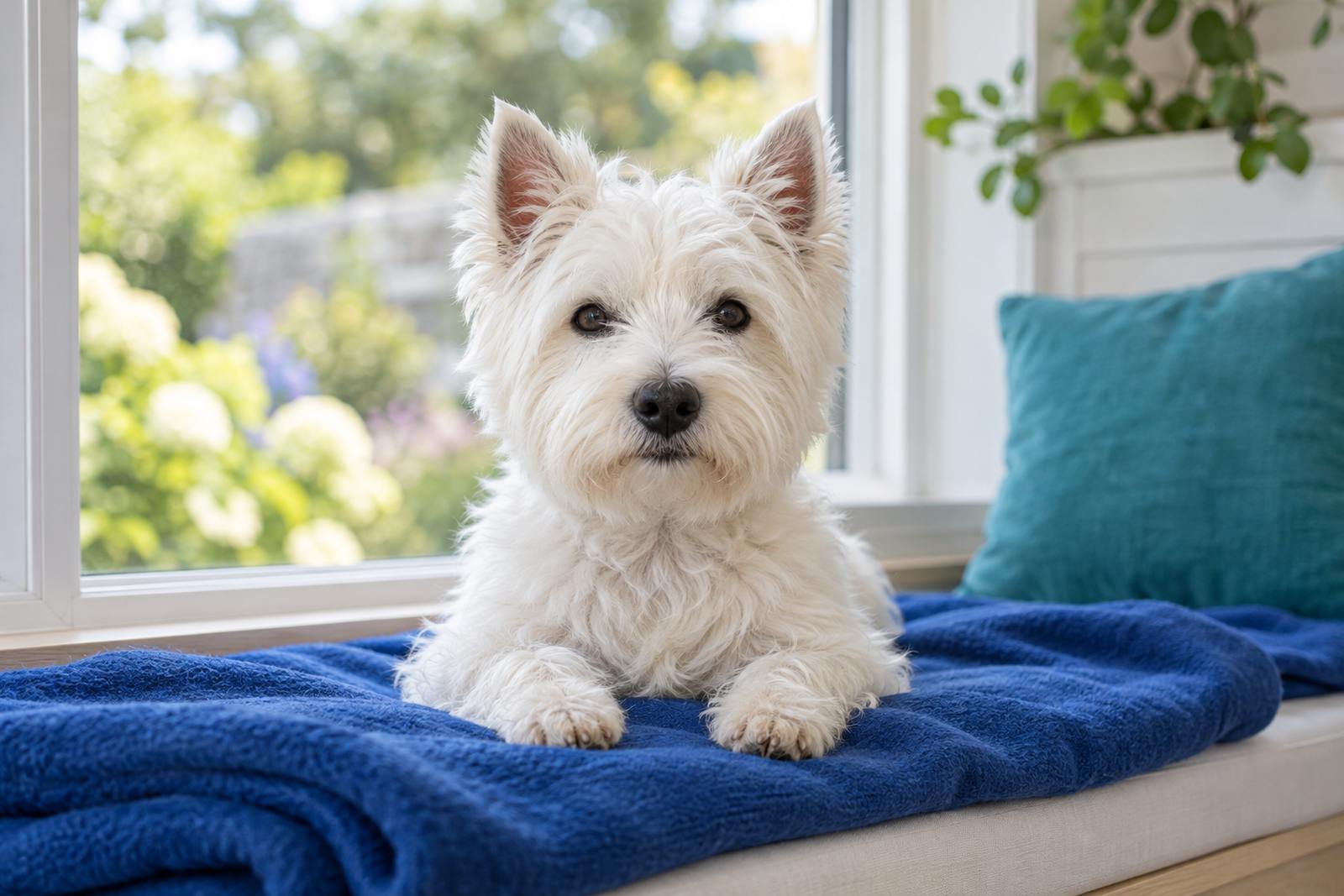 A Westie lying on a blue blanket on a window seat