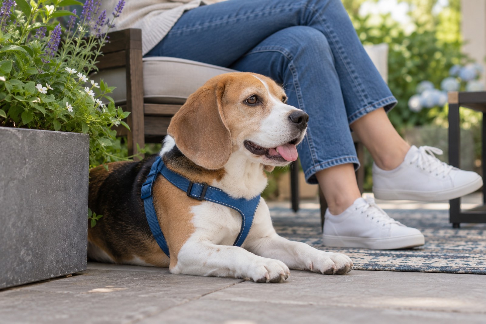A beagle in a blue harness lying on a patio beside its owner