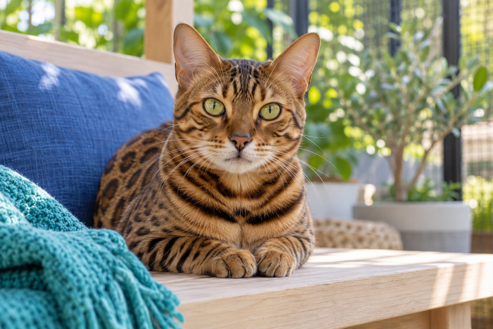 A Bengal resting on a cushioned bench on a patio