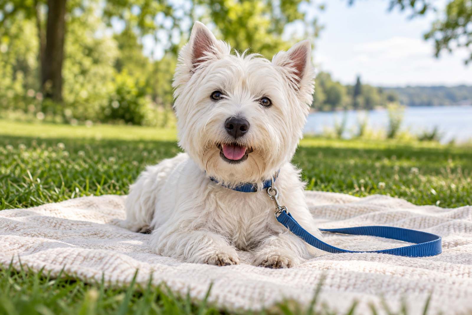 A West Highland white terrier lying on a blanket in a park