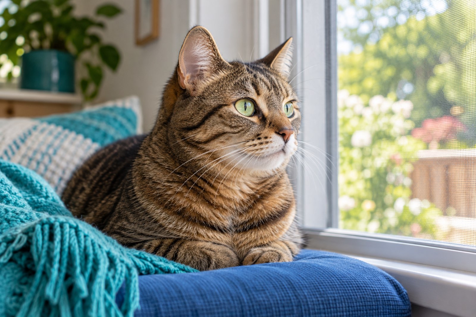 A tabby resting on a cushion by a window