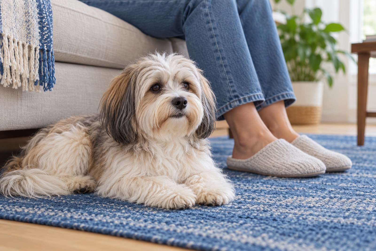 A Havanese lying on a rug at its owner's feet