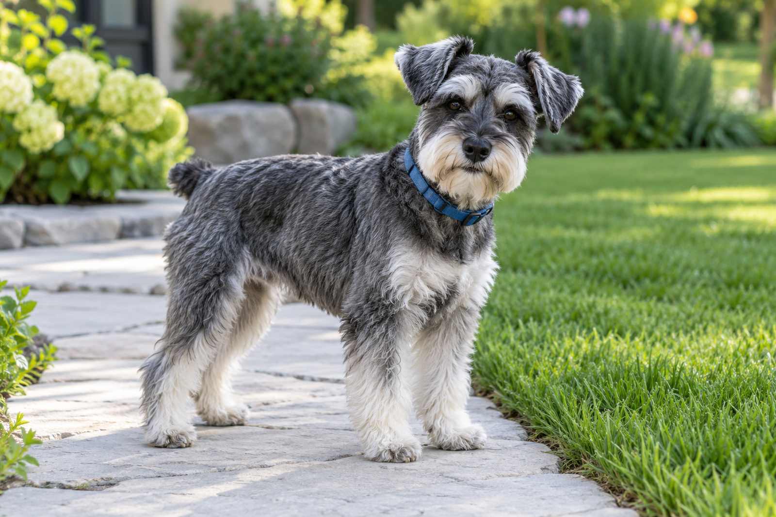 A schnauzer standing on a garden path