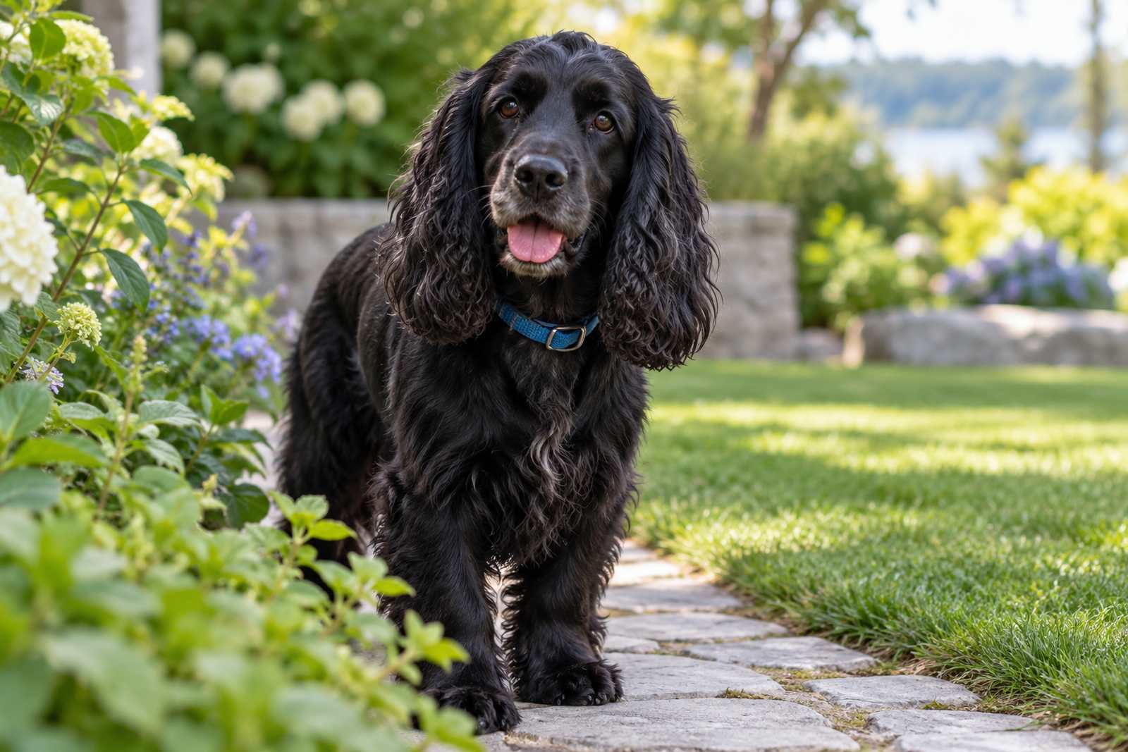 A black cocker spaniel standing on a garden path