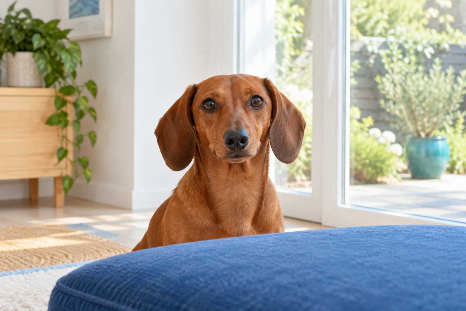 A dachshund sitting on a rug by an open patio door