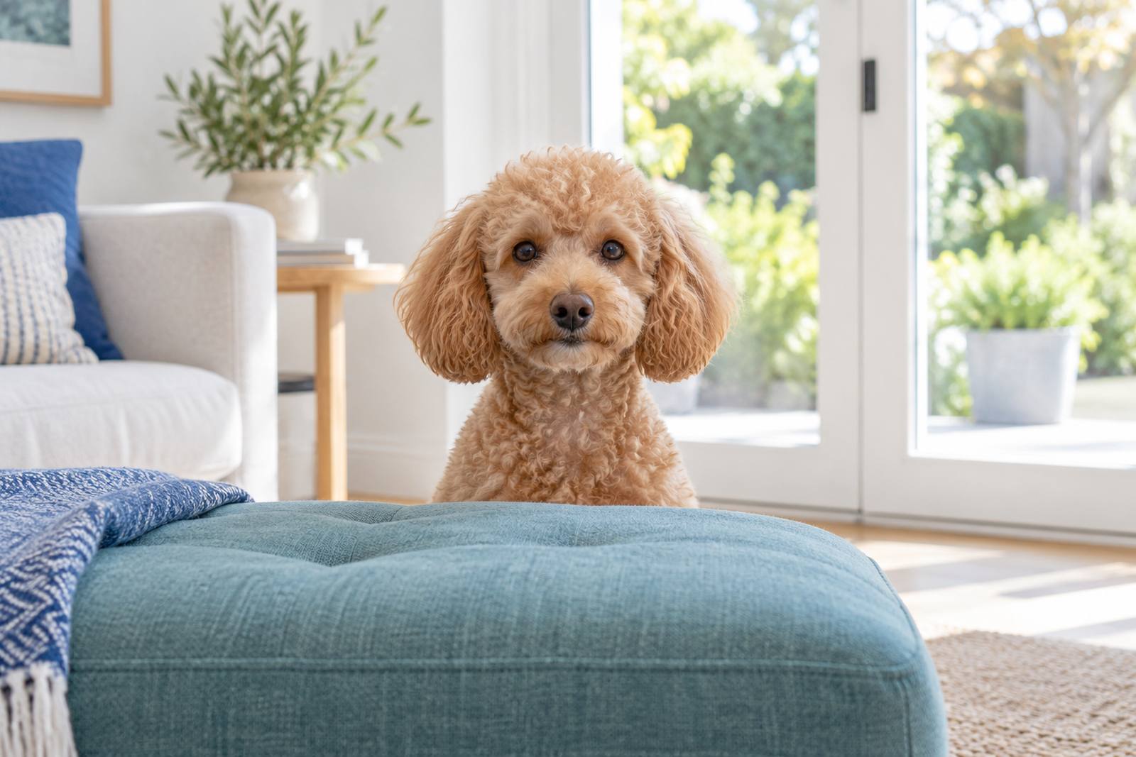 A miniature poodle behind a teal ottoman by a patio door