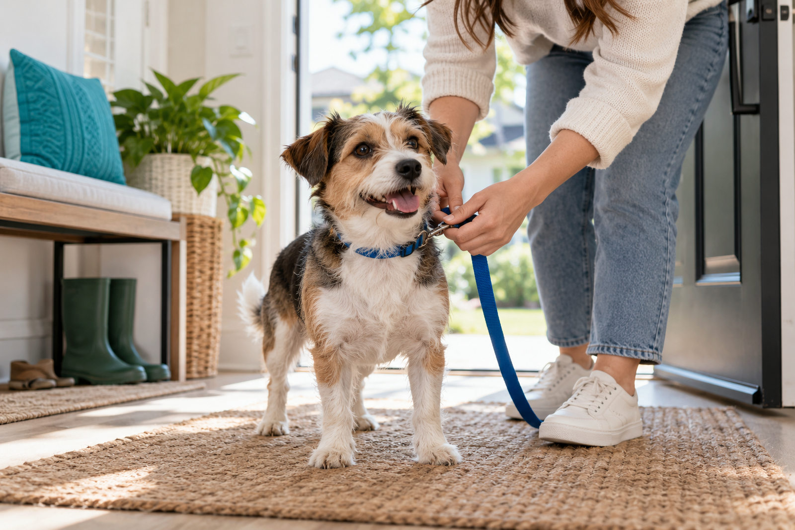 A terrier standing on a doormat in an open doorway while its owner clips on a lead