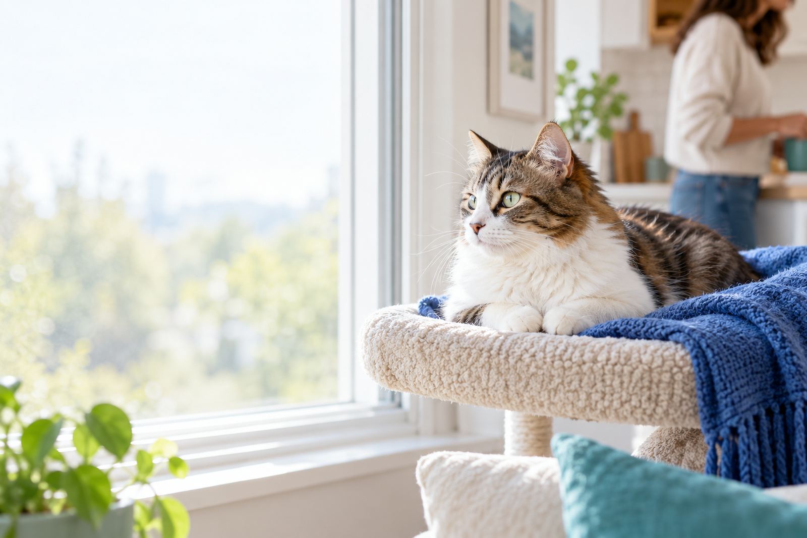 A long-haired tabby cat resting on a cat tree beside a bright window at home