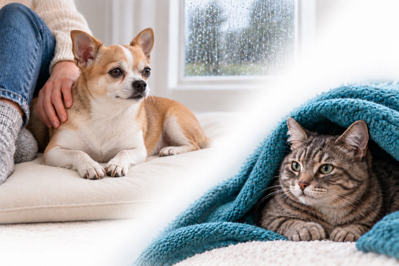 A chihuahua resting against its owner and a tabby cat settled under a blanket, indoors on a rainy day
