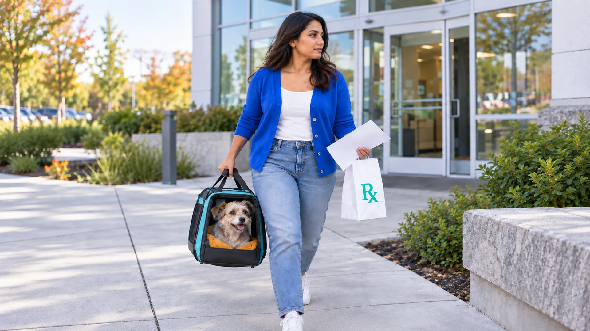 A woman in a blue cardigan carries a small dog in a pet carrier and a white pharmacy bag outside a building